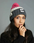 CREAM AND FUCHSIA GRAY POMPON BEANIE
