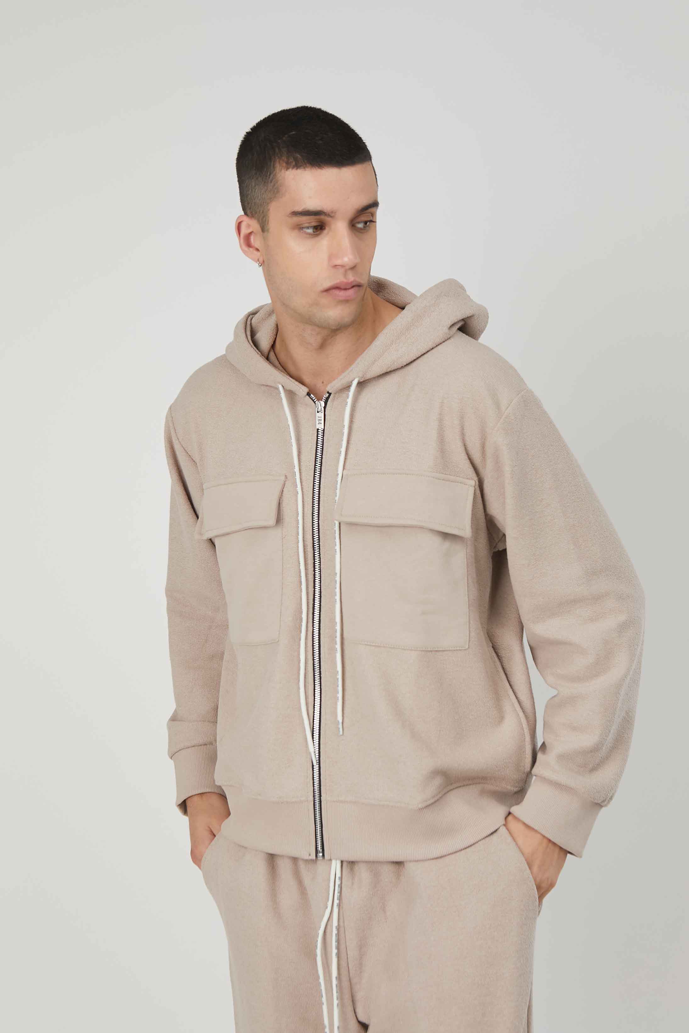 FELPA GARZATA ZIP TASCONI BEIGE
