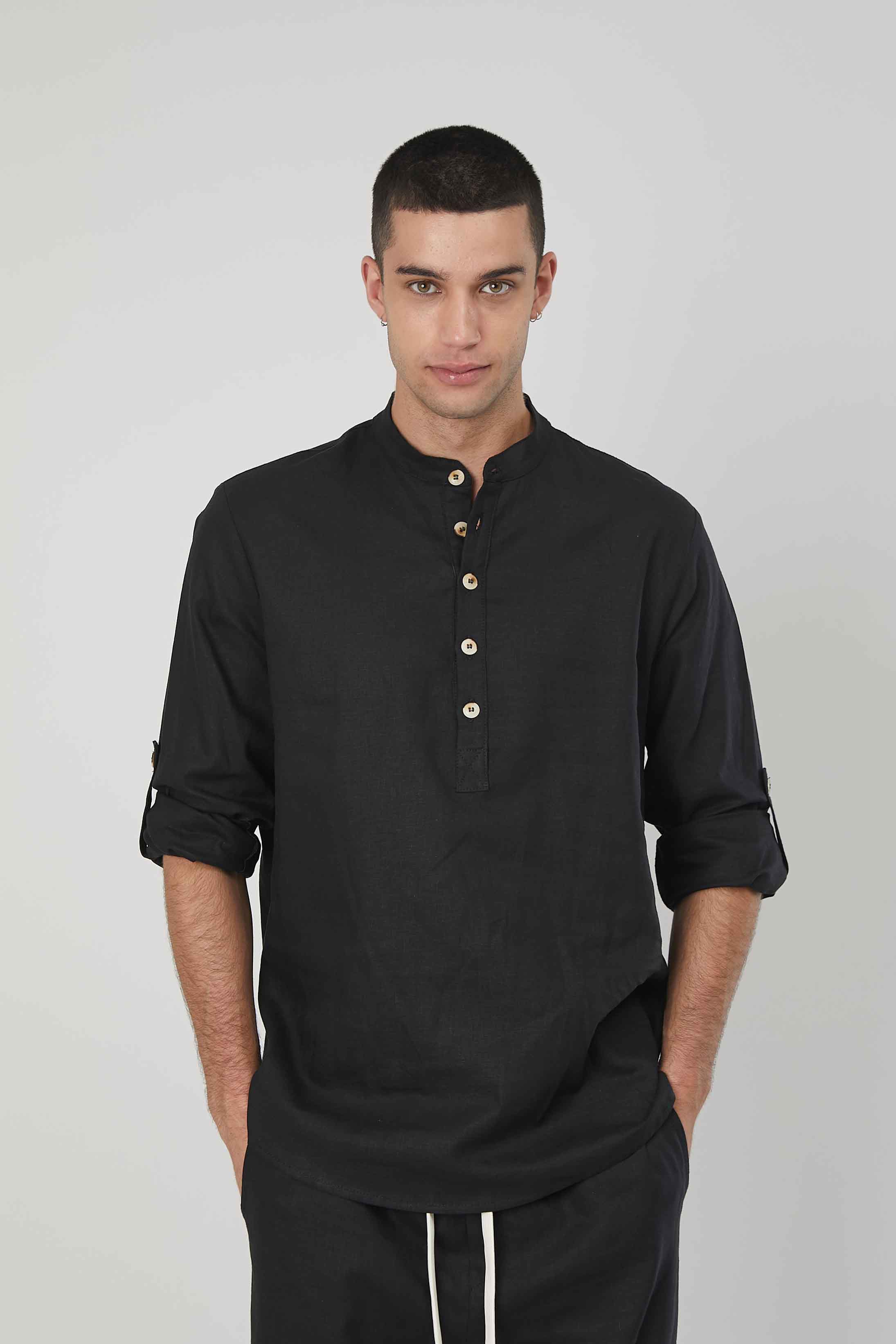 CASACCA LINO MANICHE RISVOLTO BLACK