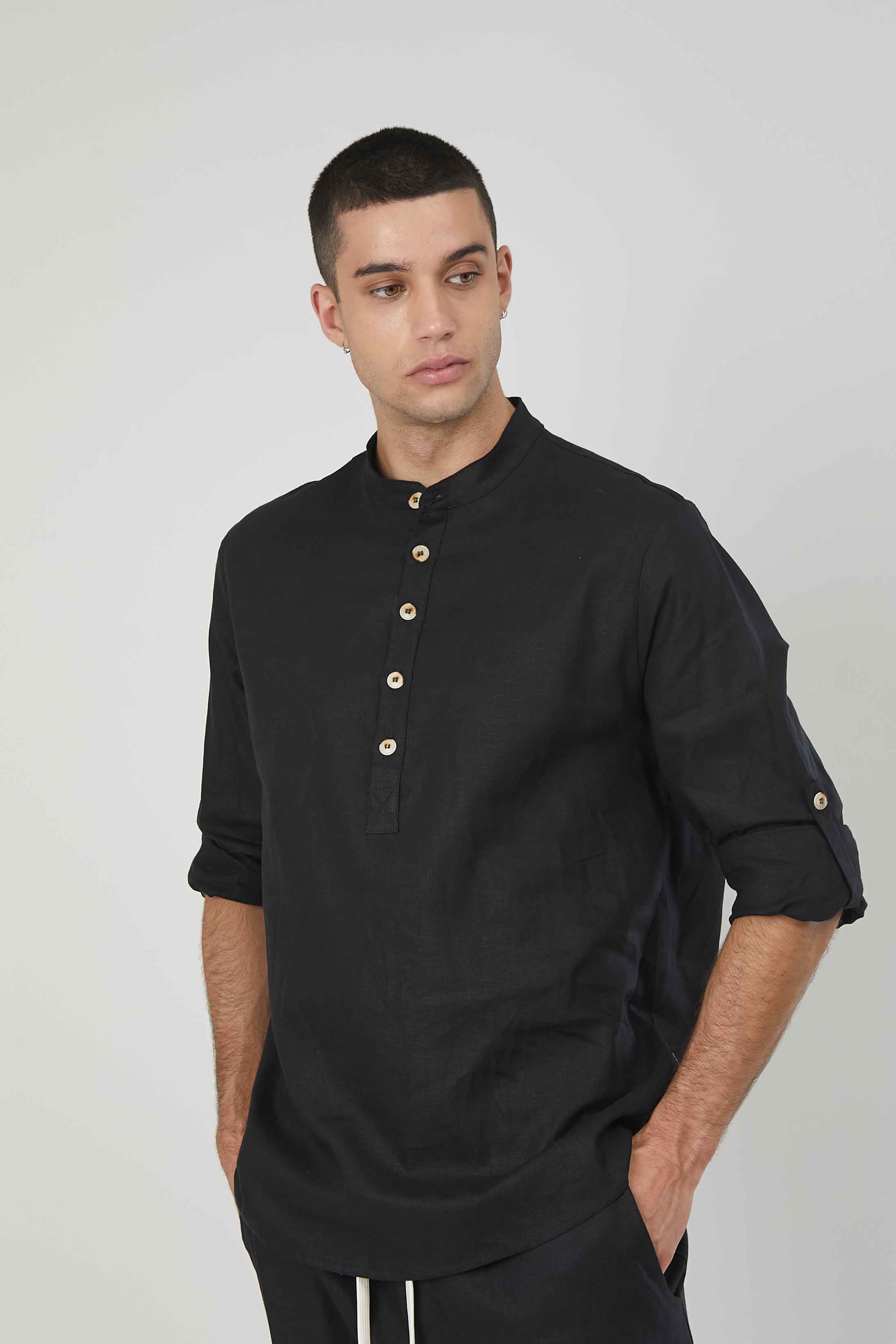 CASACCA LINO MANICHE RISVOLTO BLACK