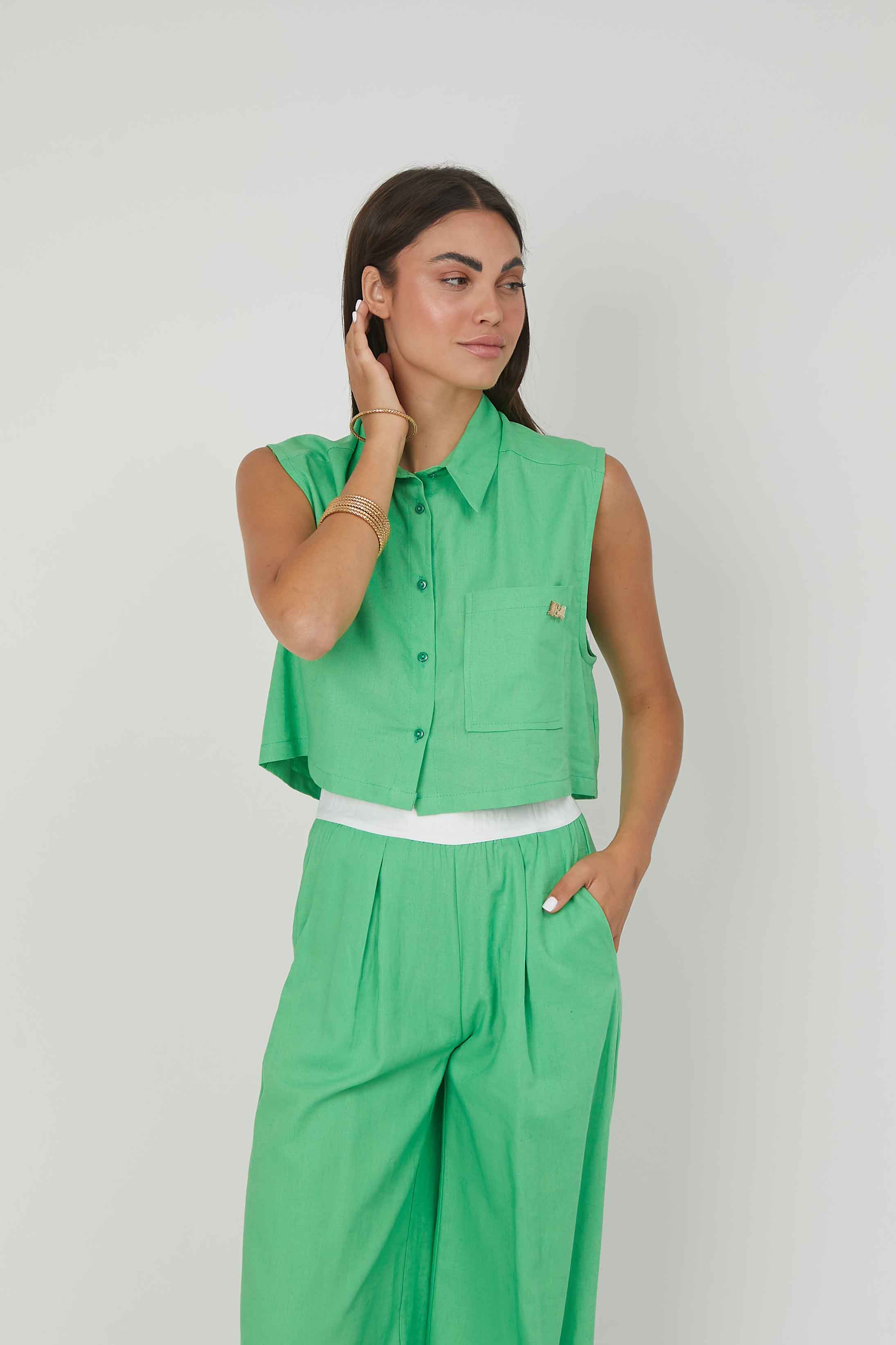 CAMICIA SMANICATA LINO AQUA GREEN