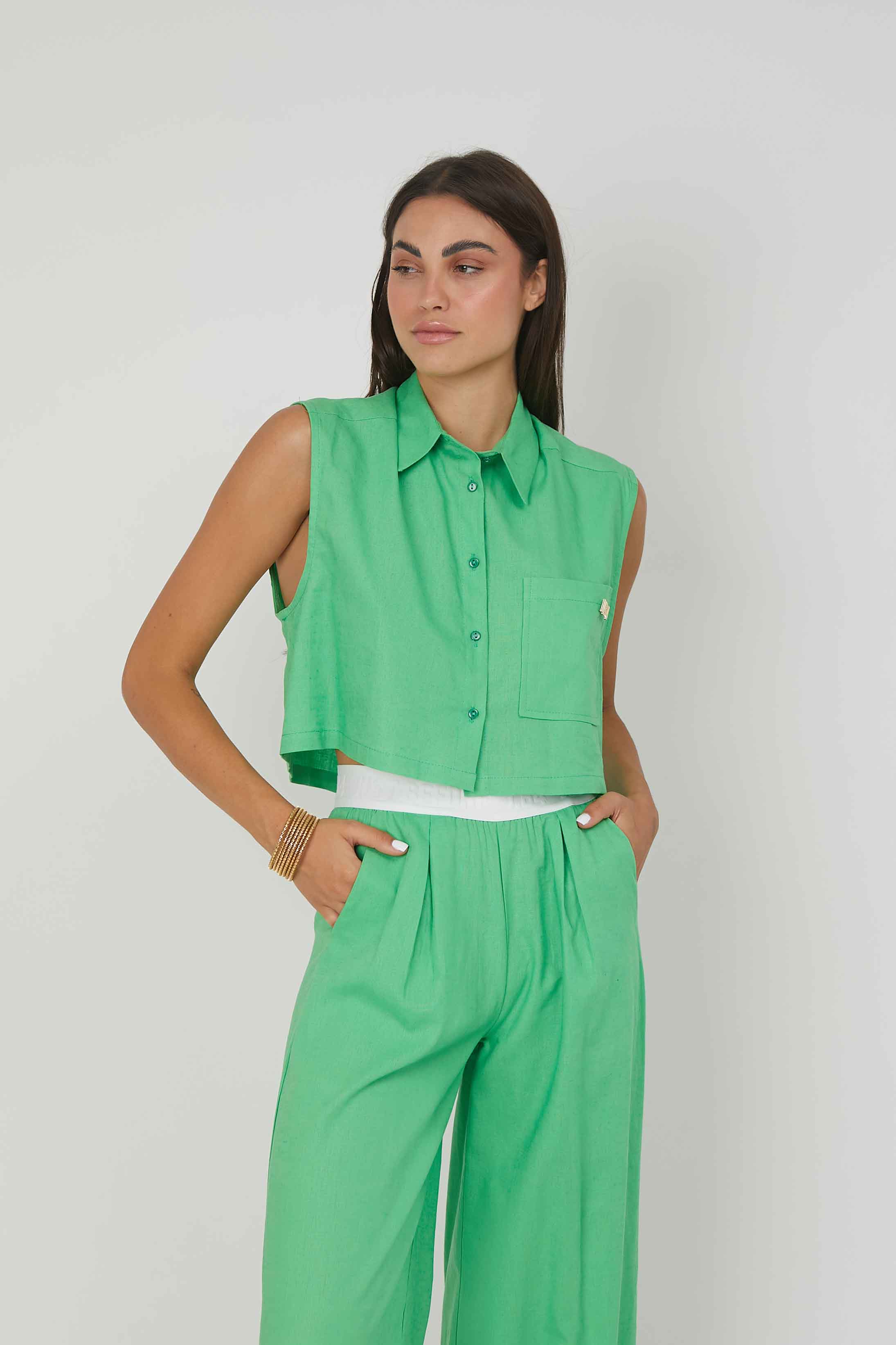 CAMICIA SMANICATA LINO AQUA GREEN