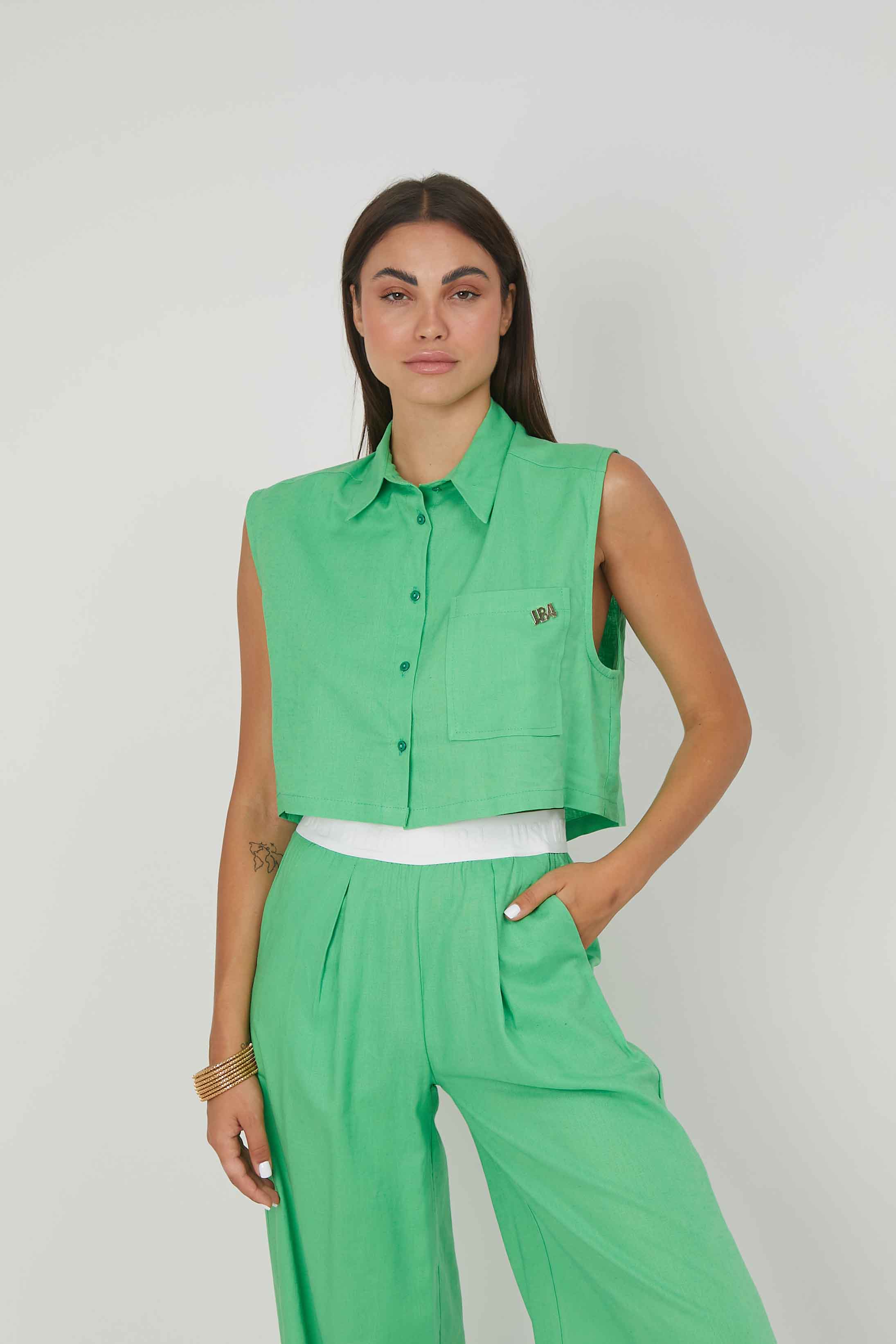 CAMICIA SMANICATA LINO AQUA GREEN