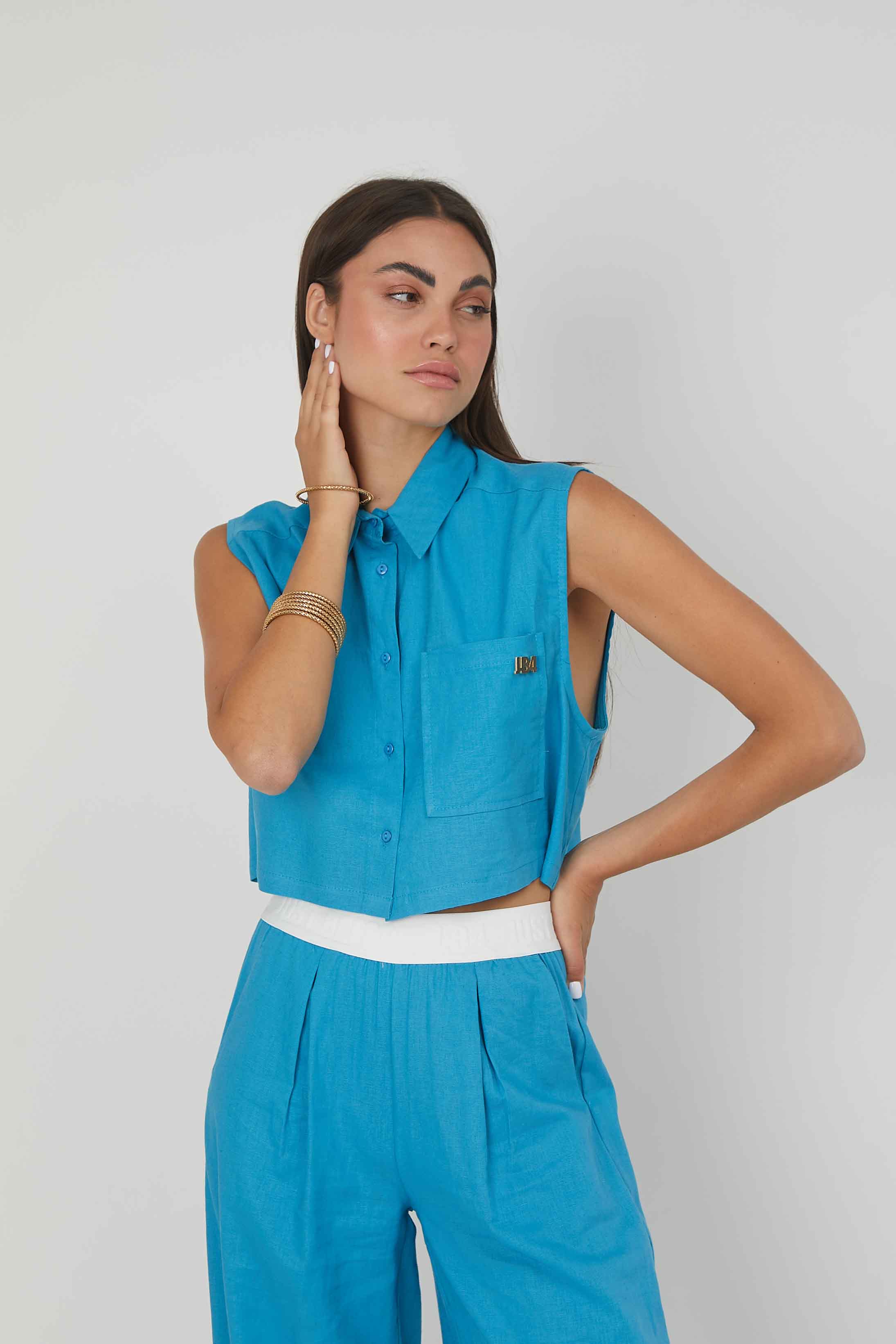 CAMICIA SMANICATA LINO SKY BLUE