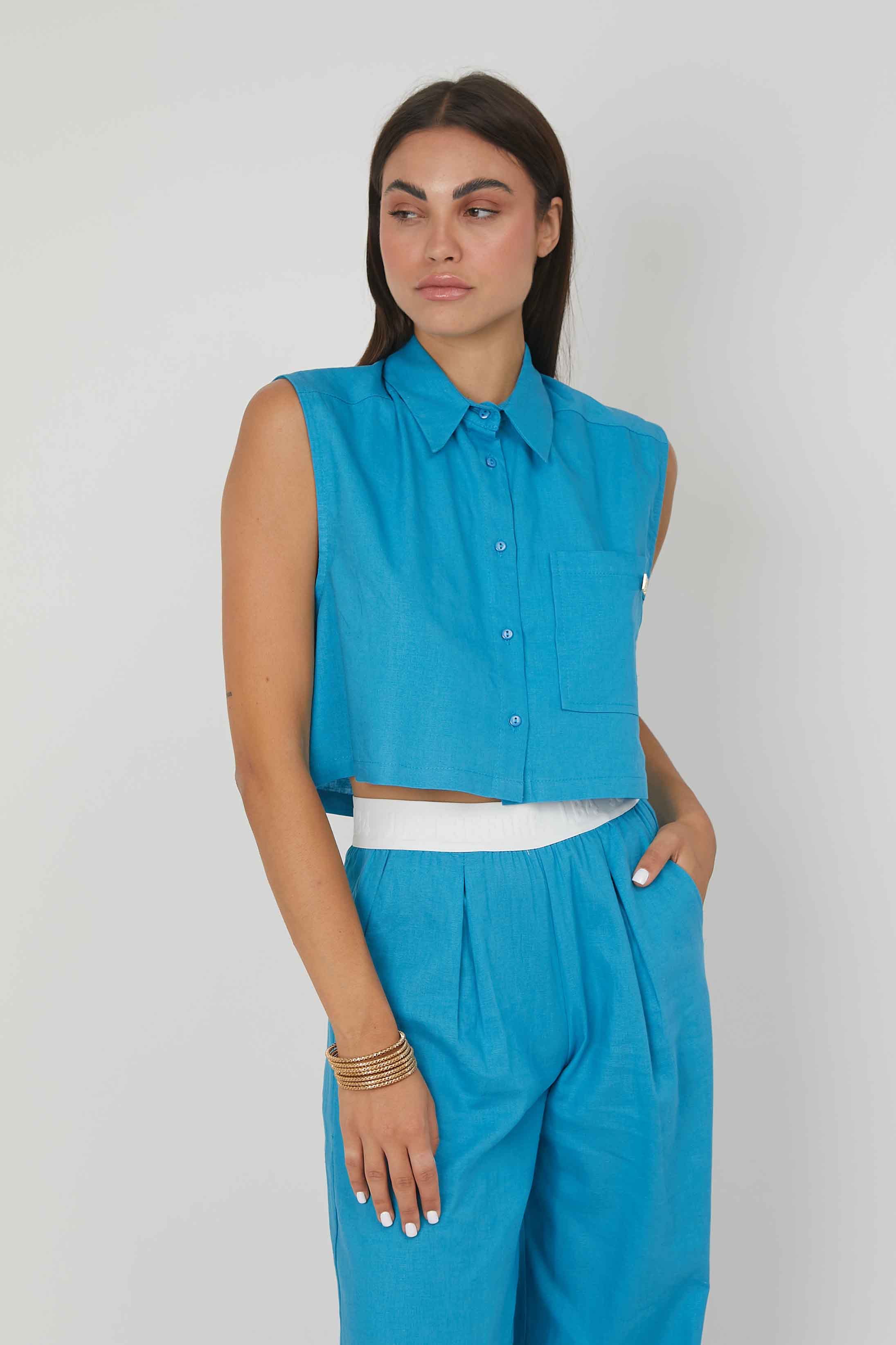 CAMICIA SMANICATA LINO SKY BLUE