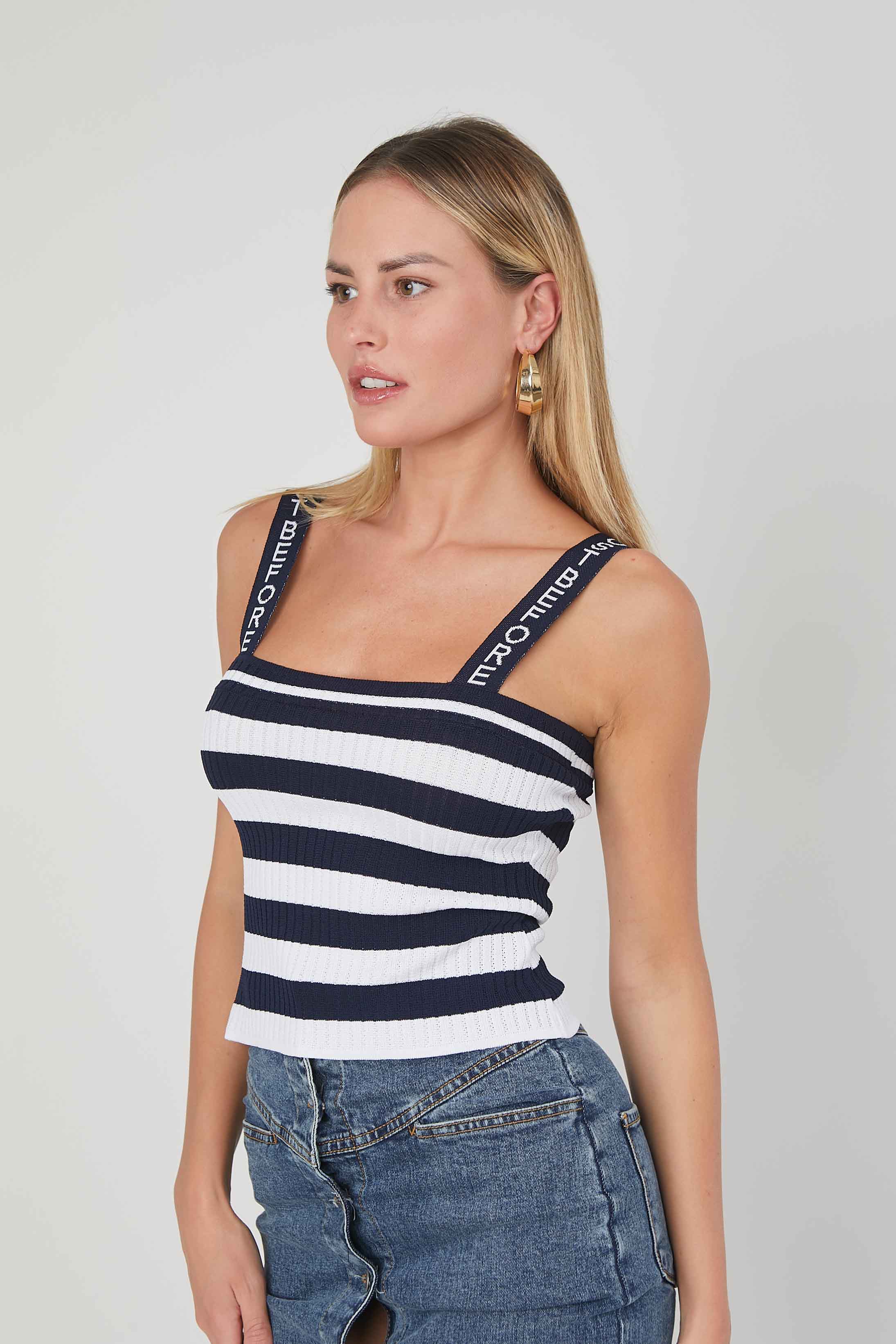 TOP MAGLIA RIGHE SPALLINE LOGO