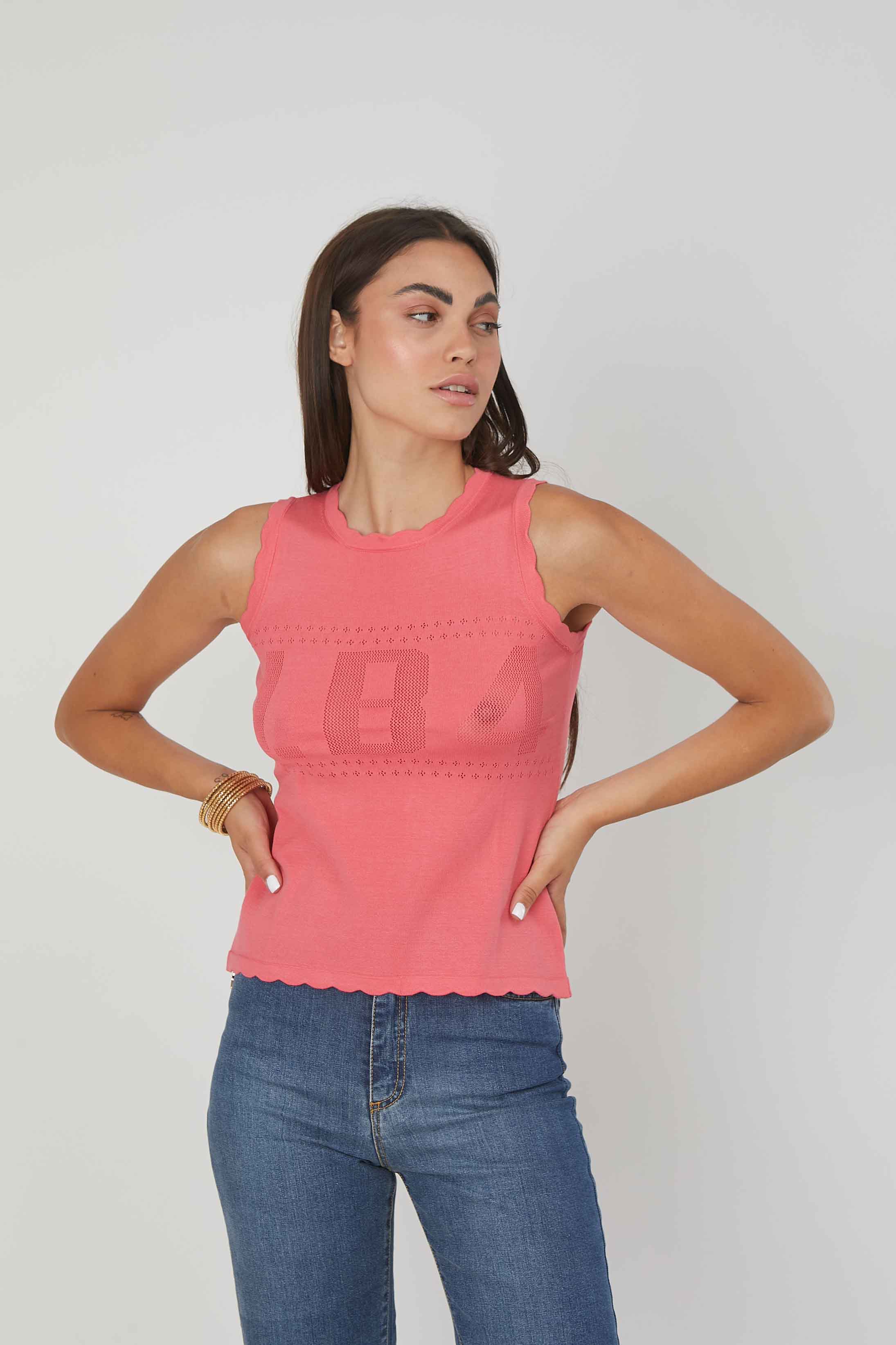 TOP MAGLIA LOGO TRAFORATO CORAL