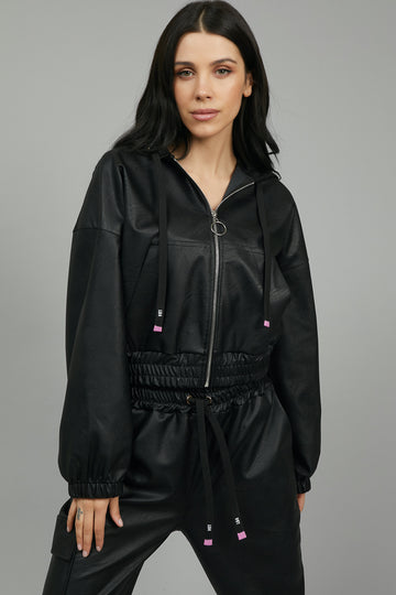 FAUX LEATHER JACKET WITH HOOD