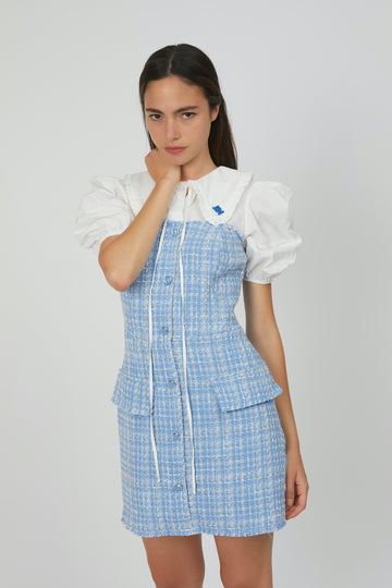 DRESS IN CHANEL FABRIC WITH LIGHT BLUE POPLIN SLEEVES
