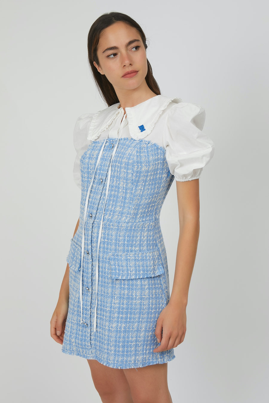 DRESS IN CHANEL FABRIC WITH LIGHT BLUE POPLIN SLEEVES