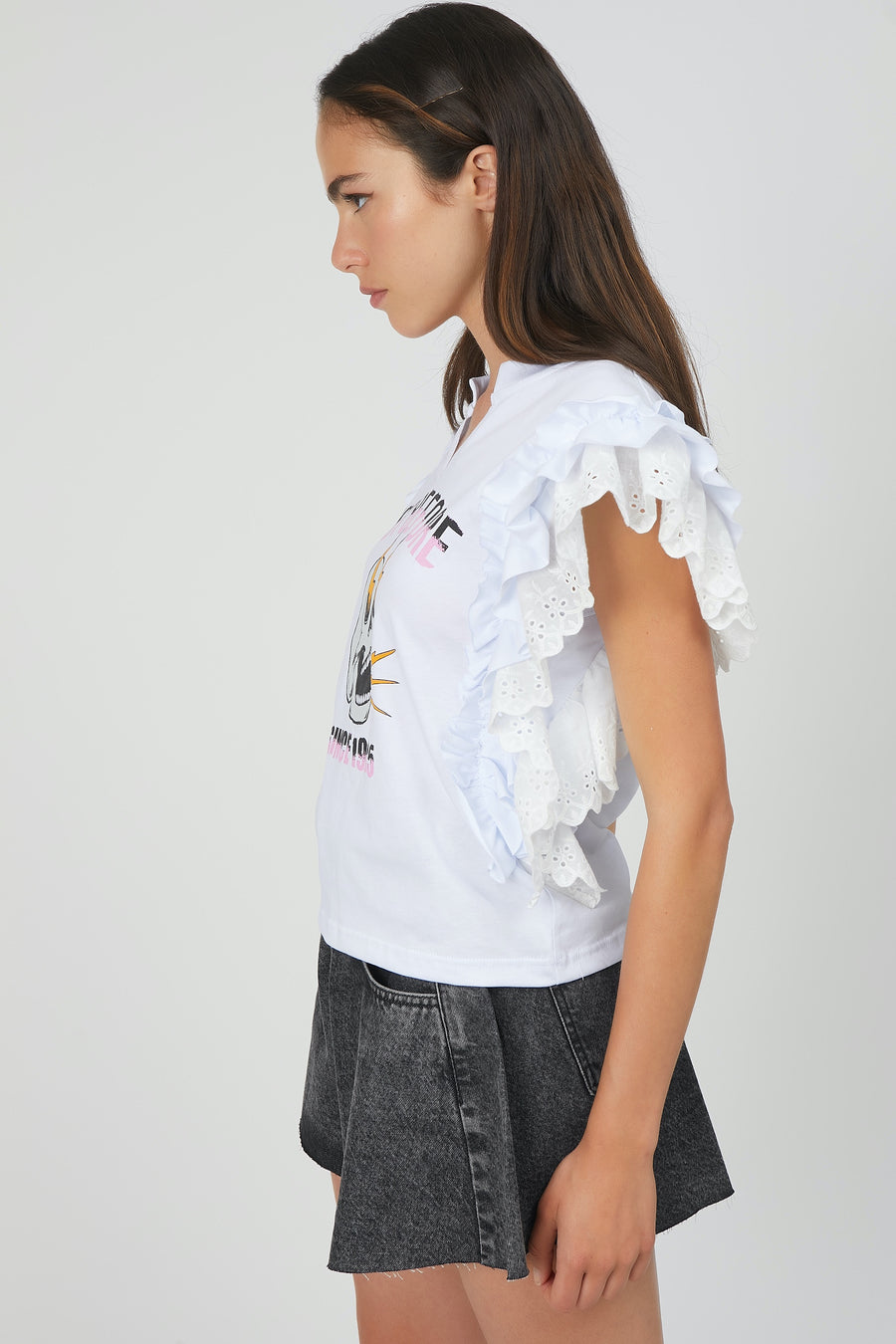 ROUCHES T-SHIRT WITH LACE WITH WHITE SKULL PRINT