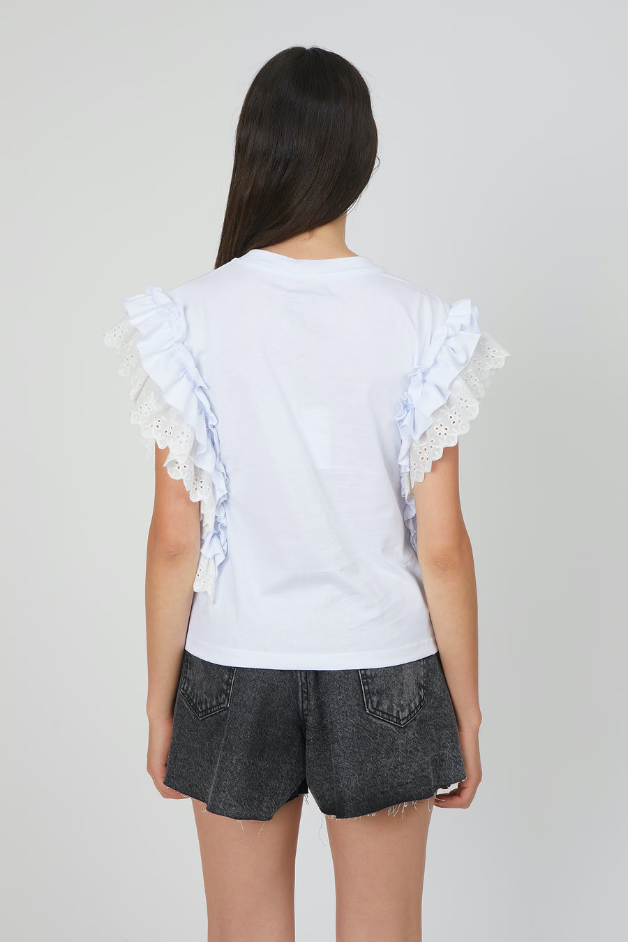 ROUCHES T-SHIRT WITH LACE WITH WHITE SKULL PRINT