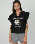 ROUCHES T-SHIRT WITH LACE WITH BLACK SKULL PRINT