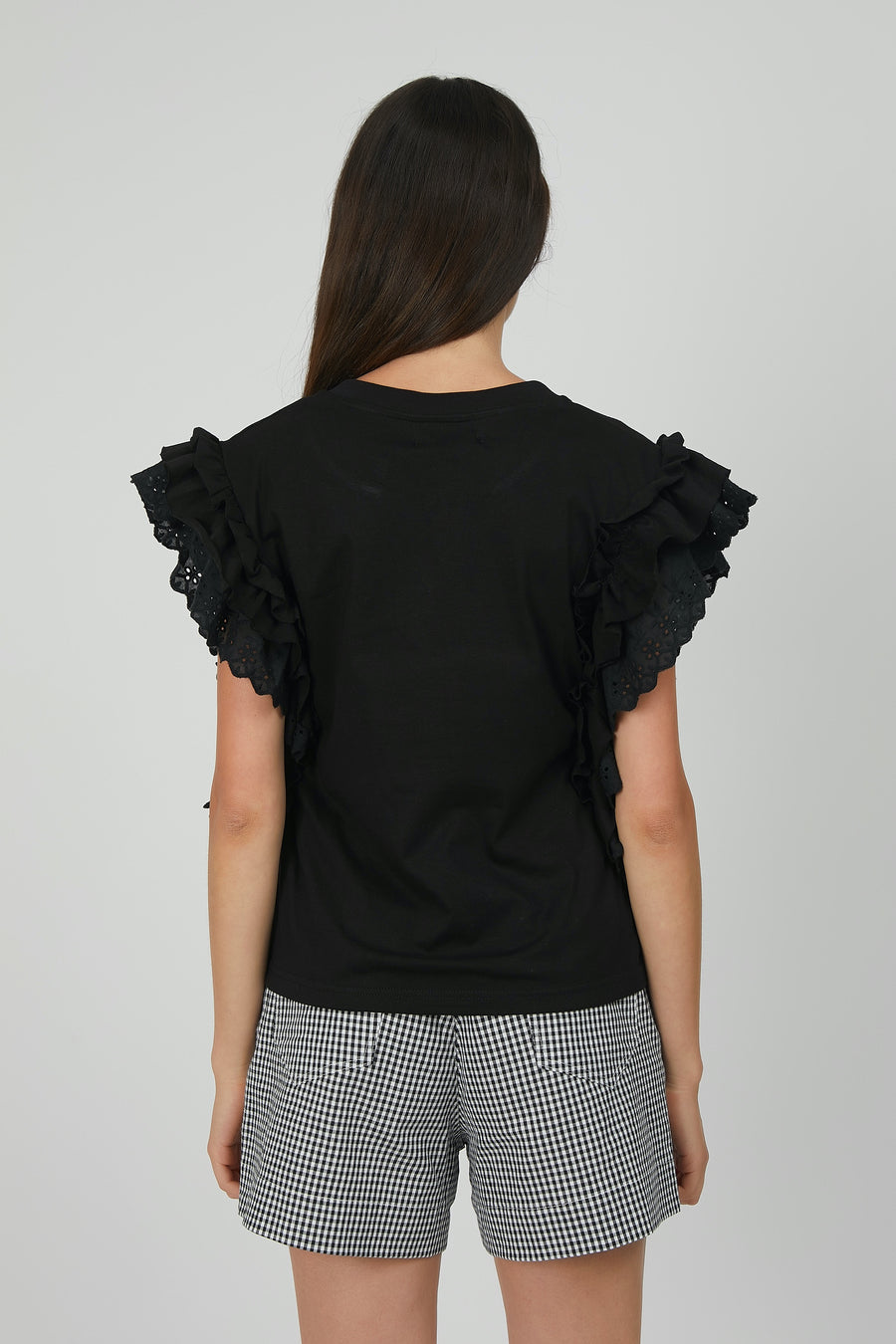 T-SHIRT ROUCHES PIZZO STAMPA SKULL NERA