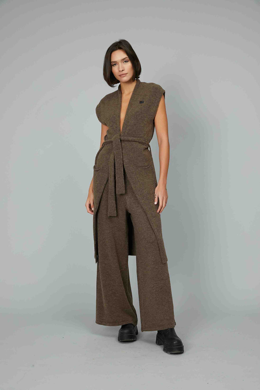 CARDIGAN TWIN LUNGO SMANICATO BROWN
