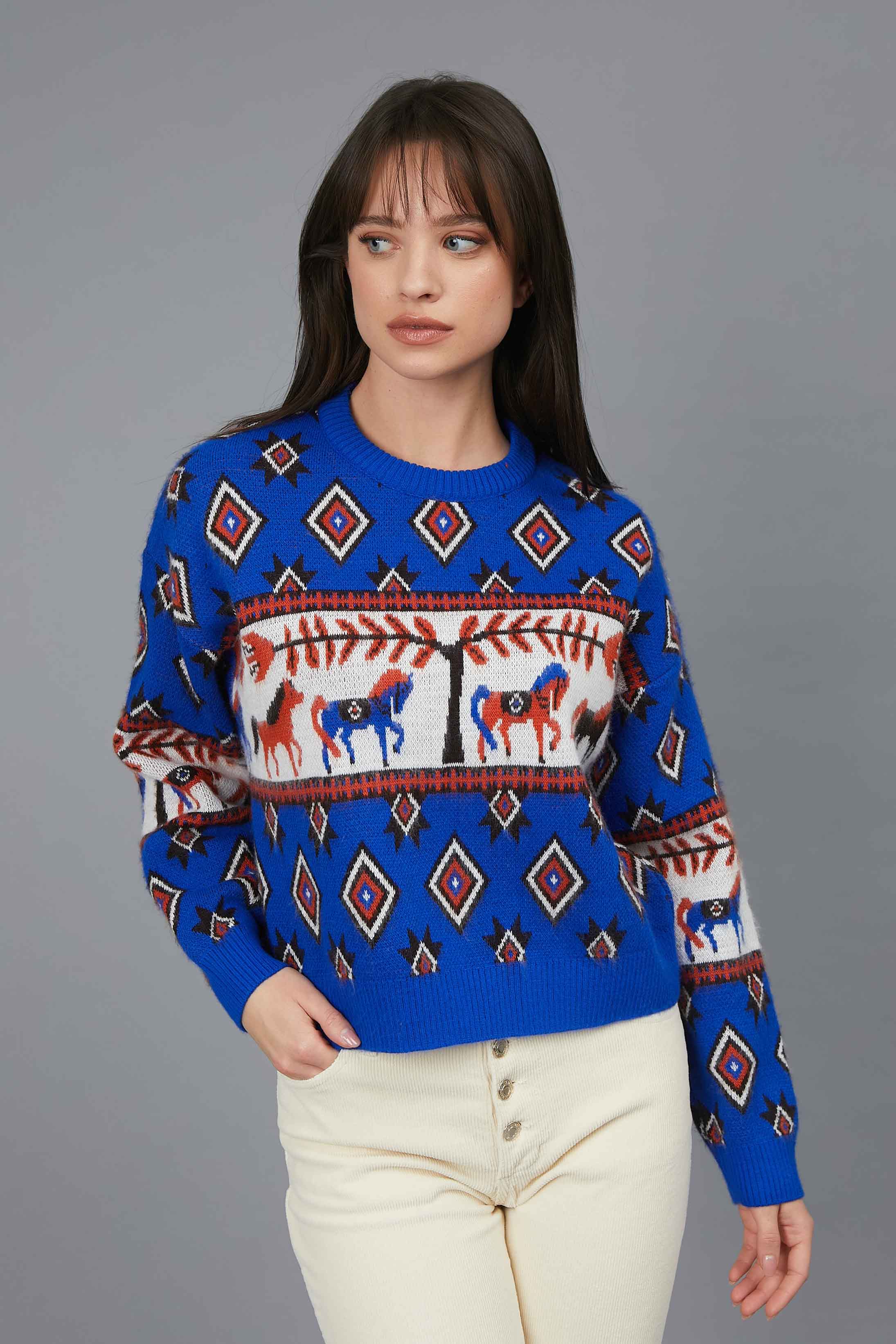 JACQUARD HORSES BLUE ROYAL JERSEY