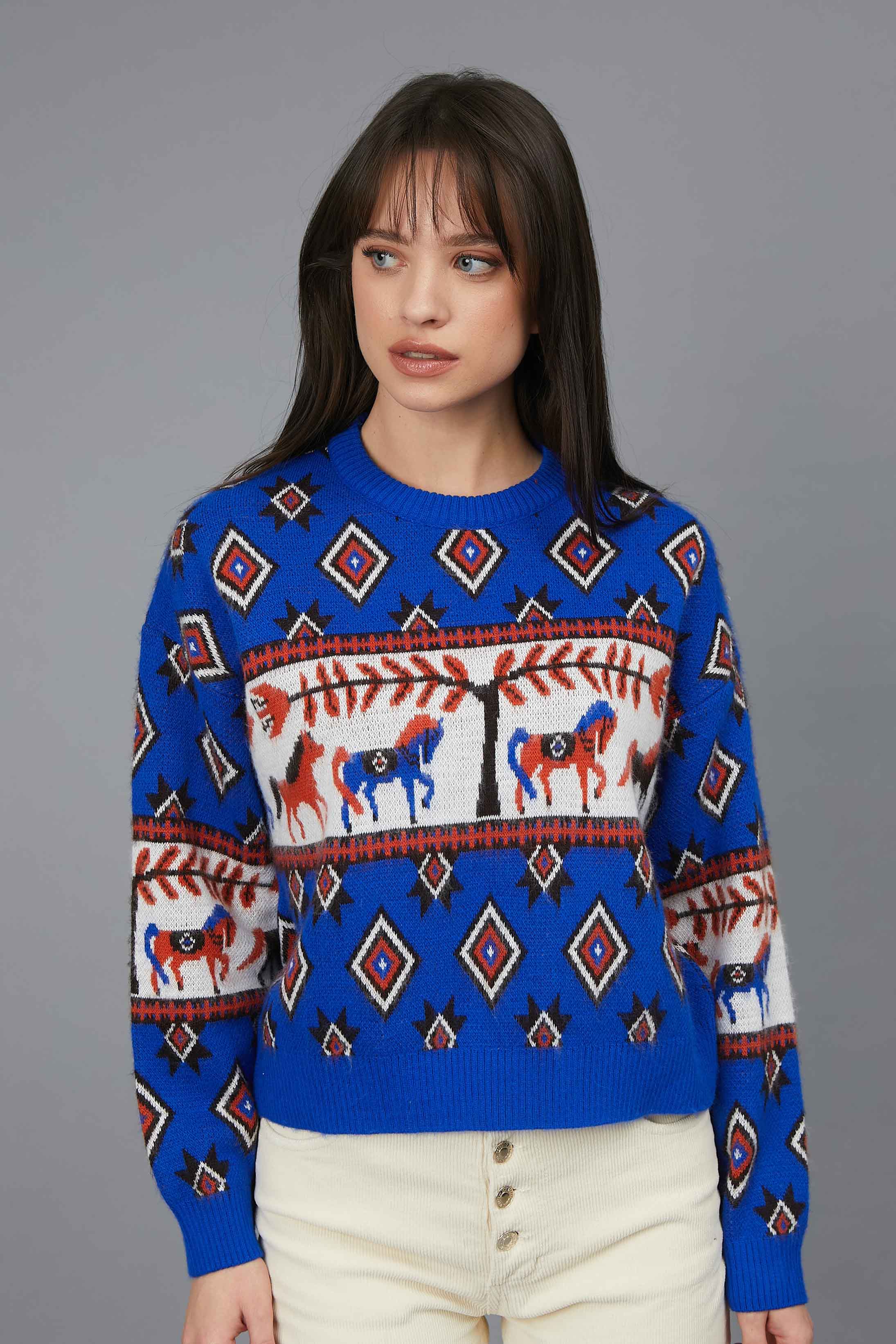 JACQUARD HORSES BLUE ROYAL JERSEY