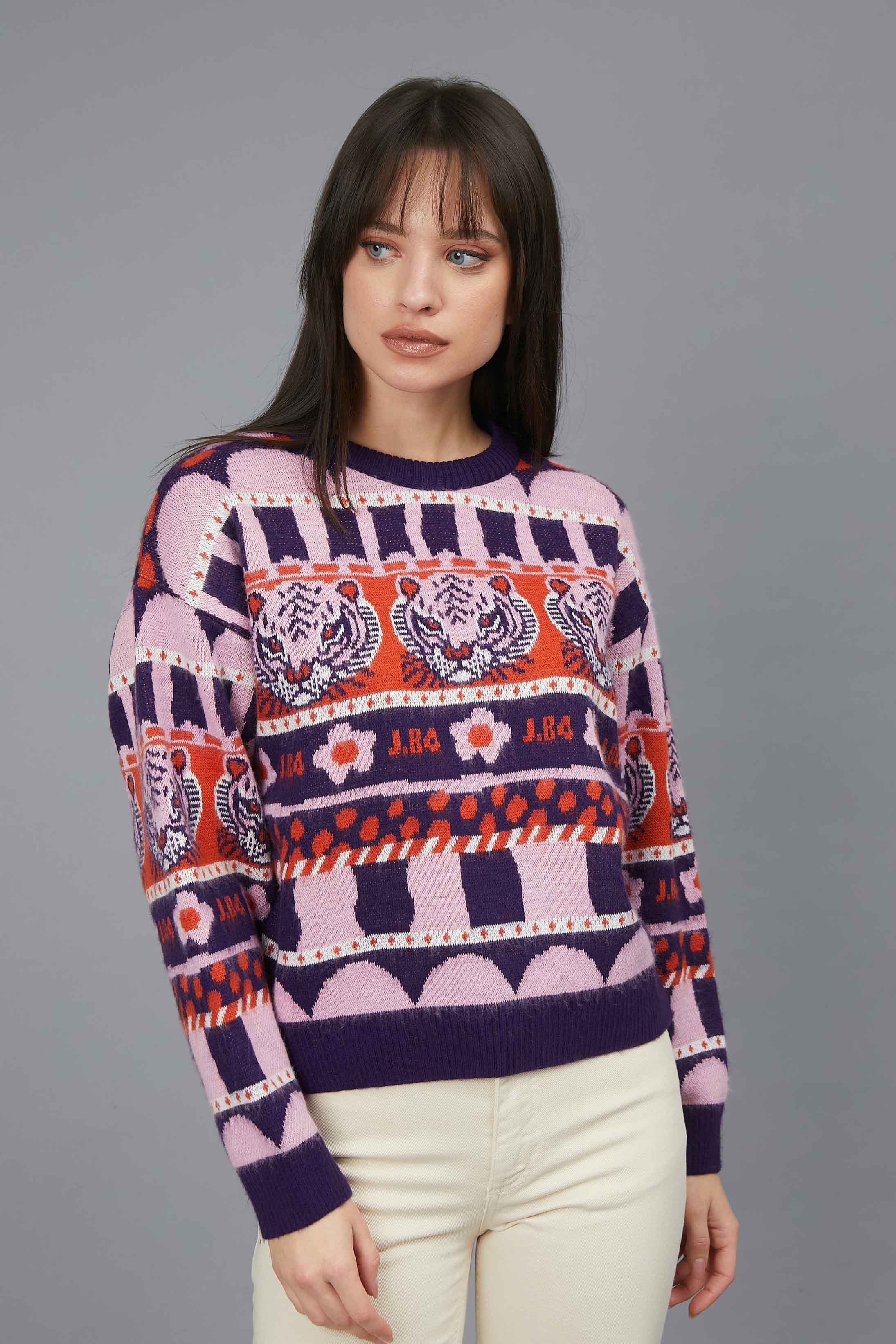 MAGLIA JACQUARD FIORI E TIGRI PINK