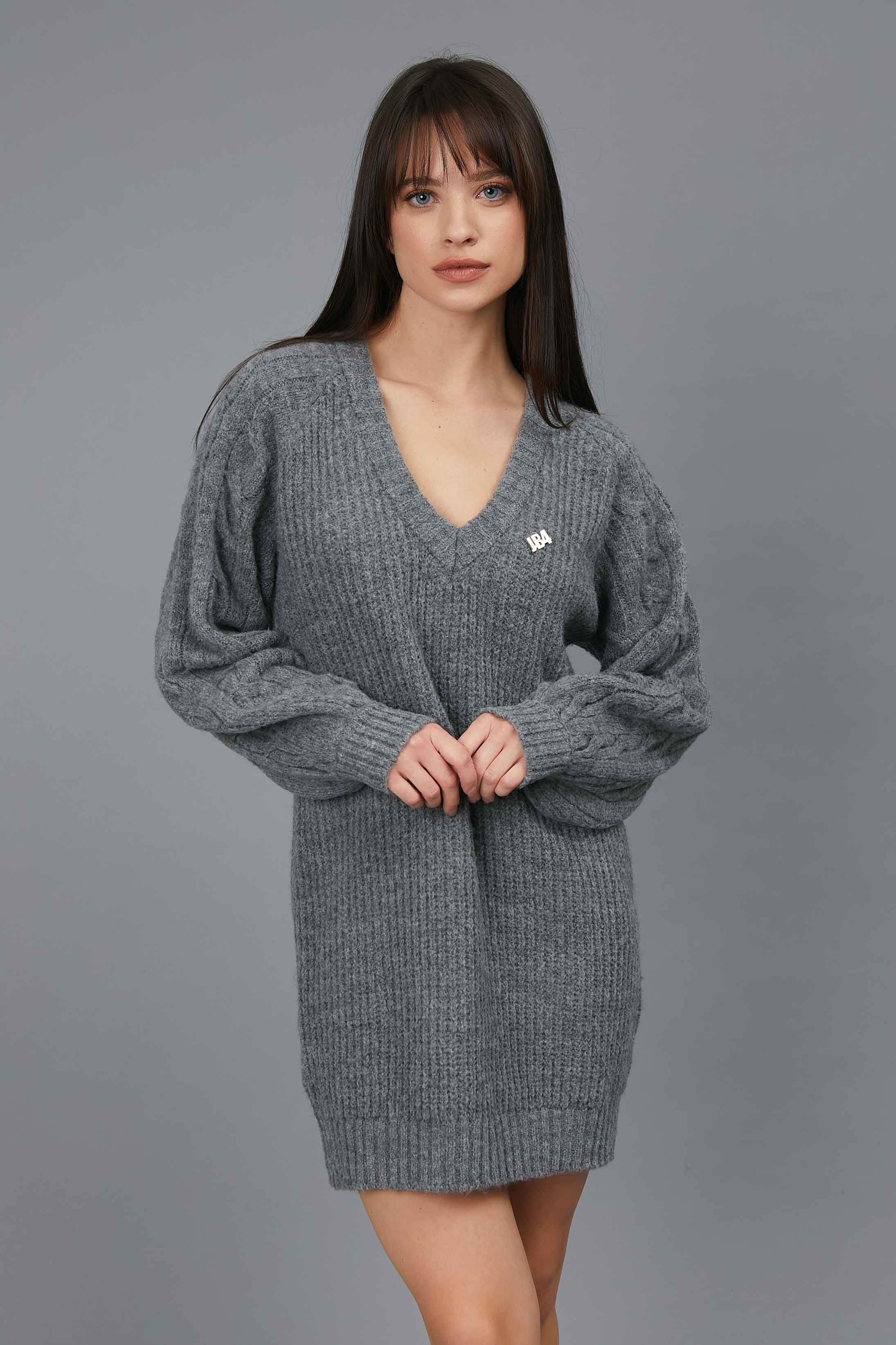 GREY V-NECK SWEATER DRESS