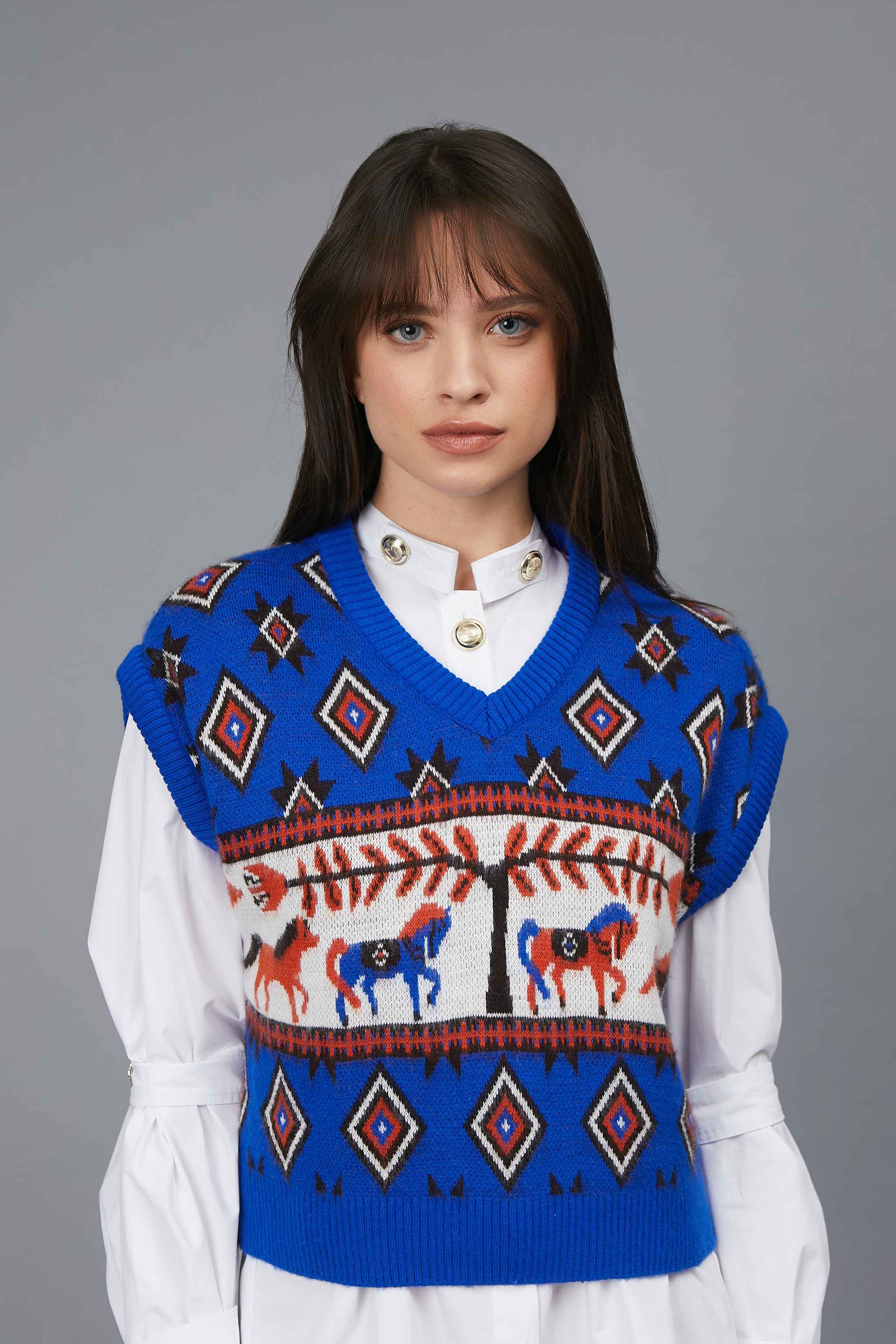 VEST JACQUARD HORSES ROYAL BLUE