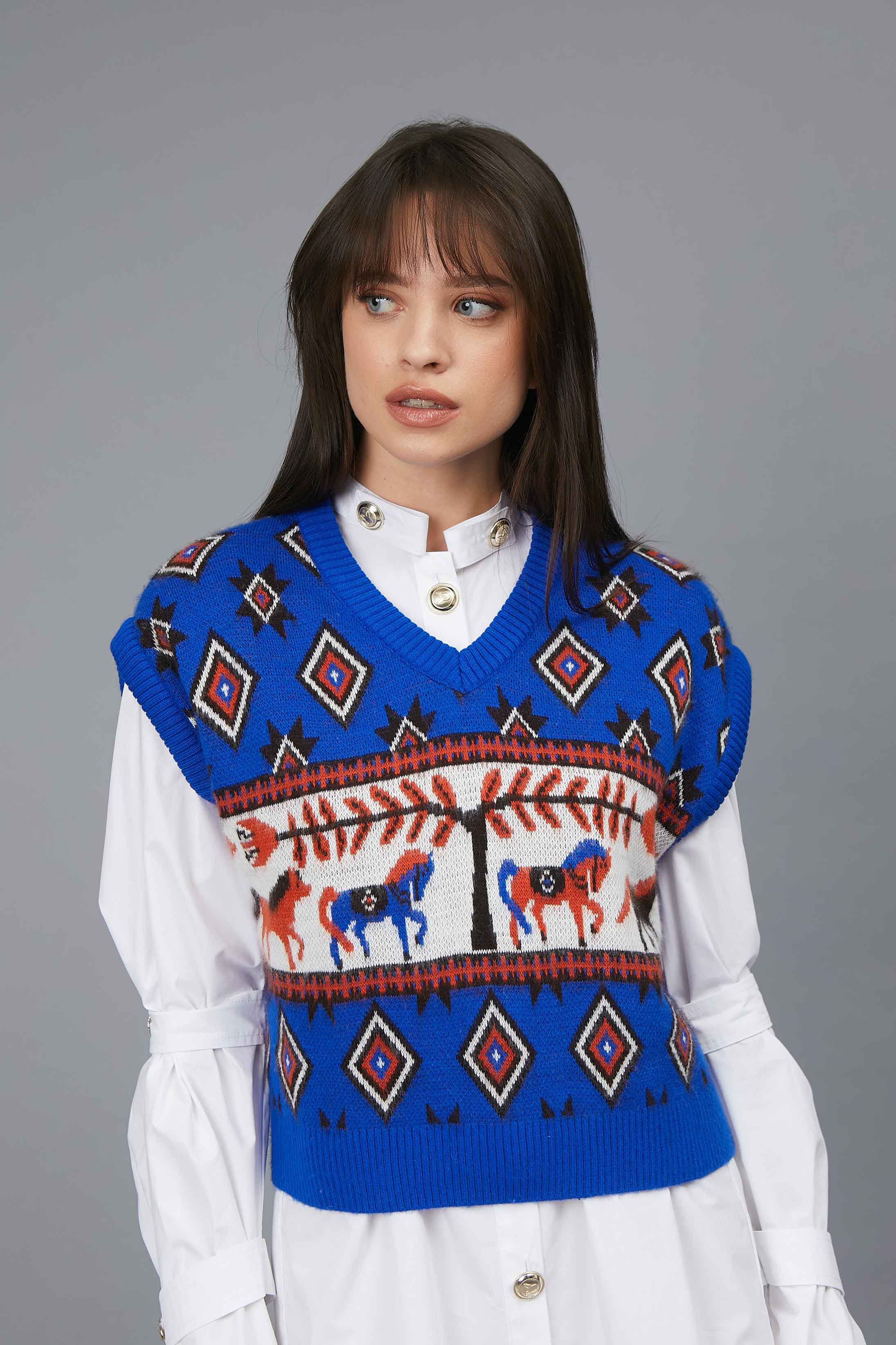 VEST JACQUARD HORSES ROYAL BLUE