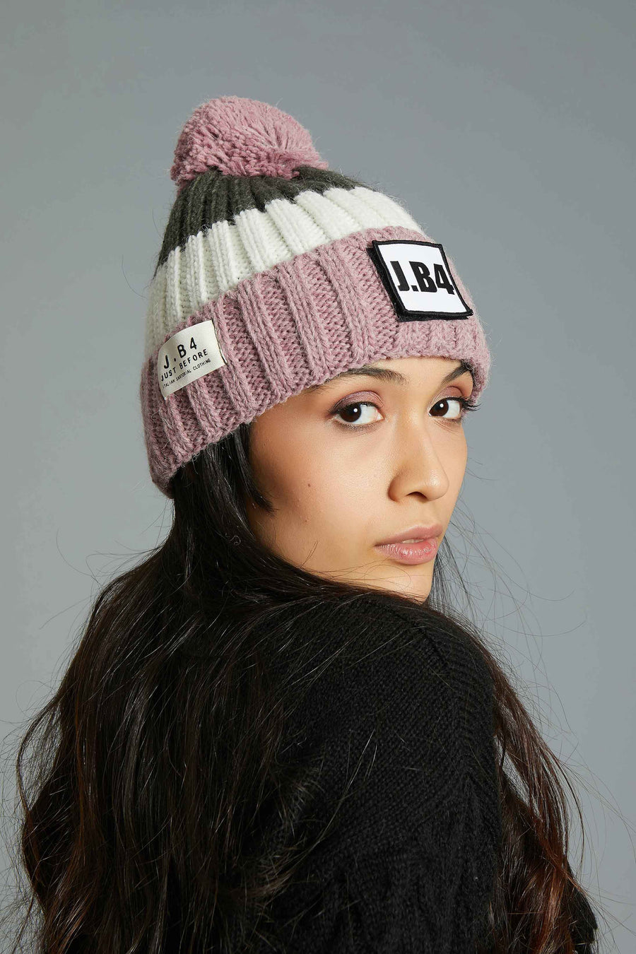 PINK CREAM AND MILITARY GREEN POMPON BEANIE