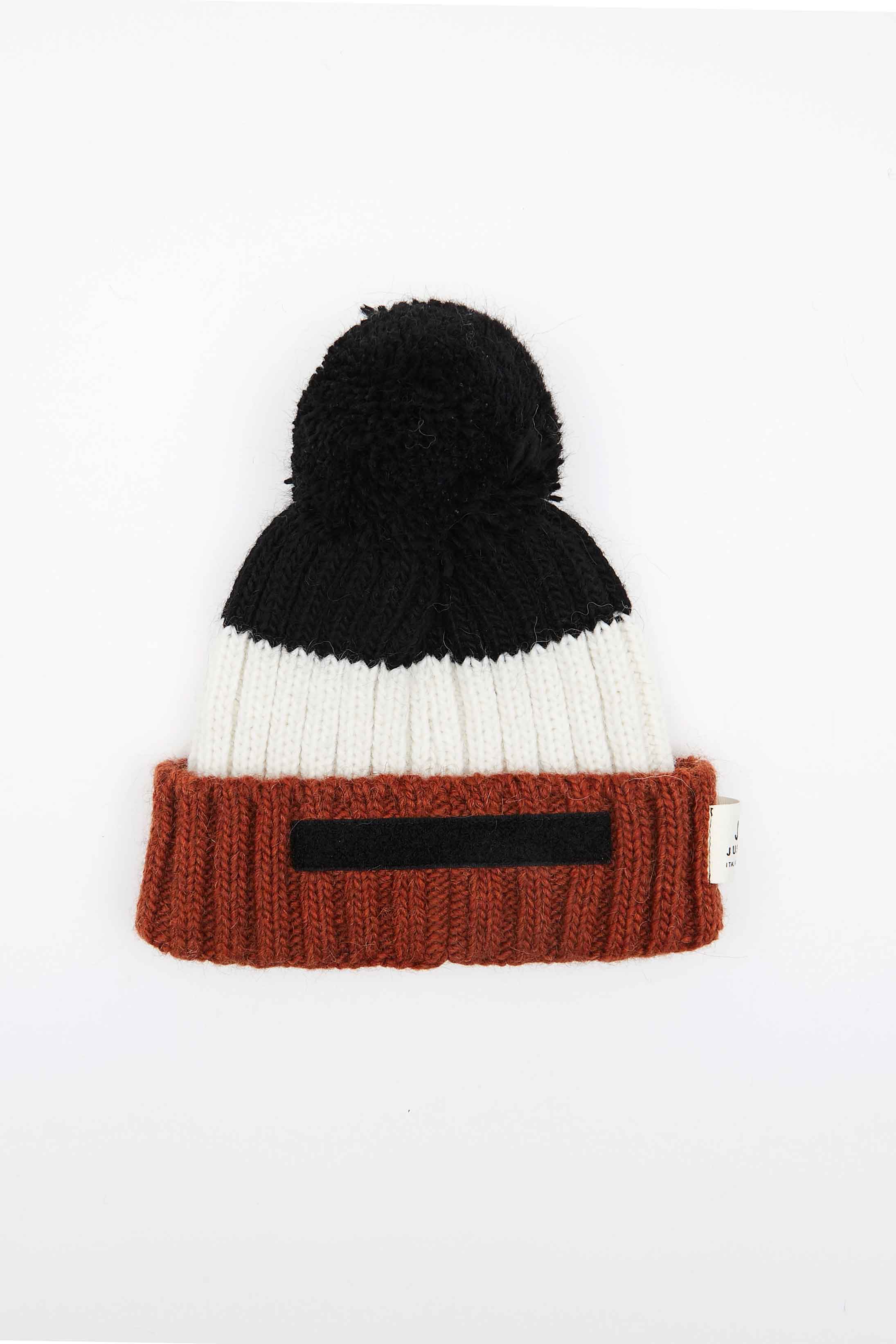 SPEAKING BEANIE POMPON ALPACA NERO-PANNA-ARANCIONE