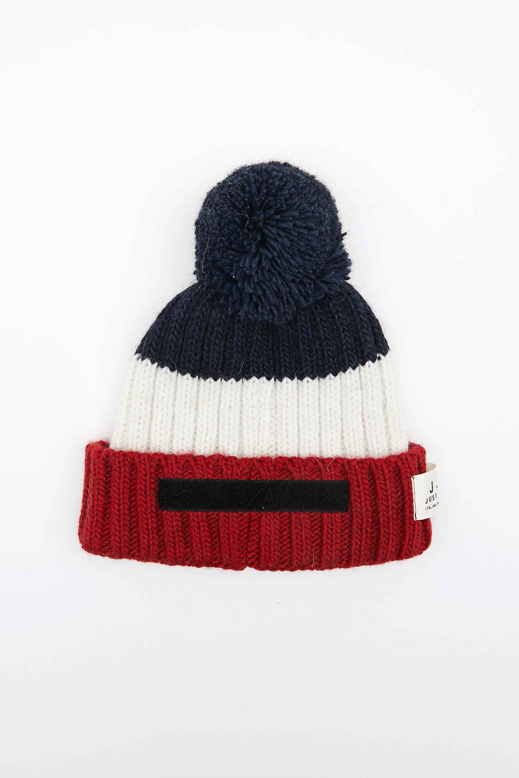 SPEAKING BEANIE POMPON ALPACA BLUE-PANNA-BORDEAUX