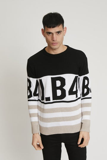 BLACK-BEIGE STRIPED LOGO SWEATER