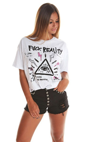 F ** REALITY T-SHIRT WITH WHITE PRINT AND EMBROIDERY