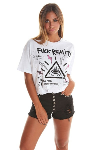 F ** REALITY T-SHIRT WITH WHITE PRINT AND EMBROIDERY