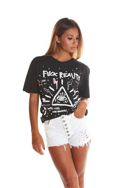 F ** REALITY T-SHIRT WITH BLACK PRINT AND EMBROIDERY