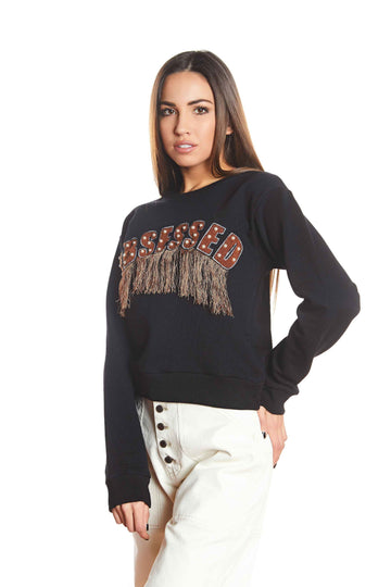 OBSESSED SWEATSHIRT WITH FRINGES AND PEARLS ON BLACK GRAPHICS