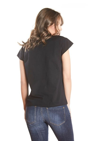 OBSESSED T-SHIRT WITH FRINGES AND PEARLS ON BLACK GRAPHICS