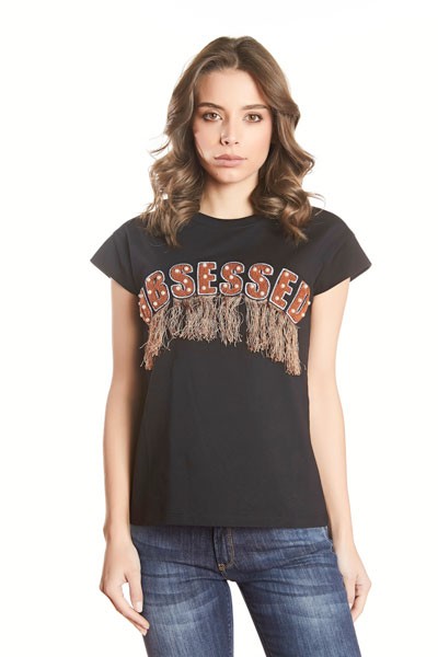 OBSESSED T-SHIRT WITH FRINGES AND PEARLS ON BLACK GRAPHICS