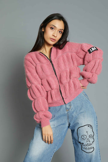 ZIP SWEATER WITH ROLLS ON THE SLEEVES PINK
