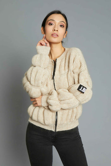 ZIP SWEATER WITH NATURAL WRAPS ON THE SLEEVES
